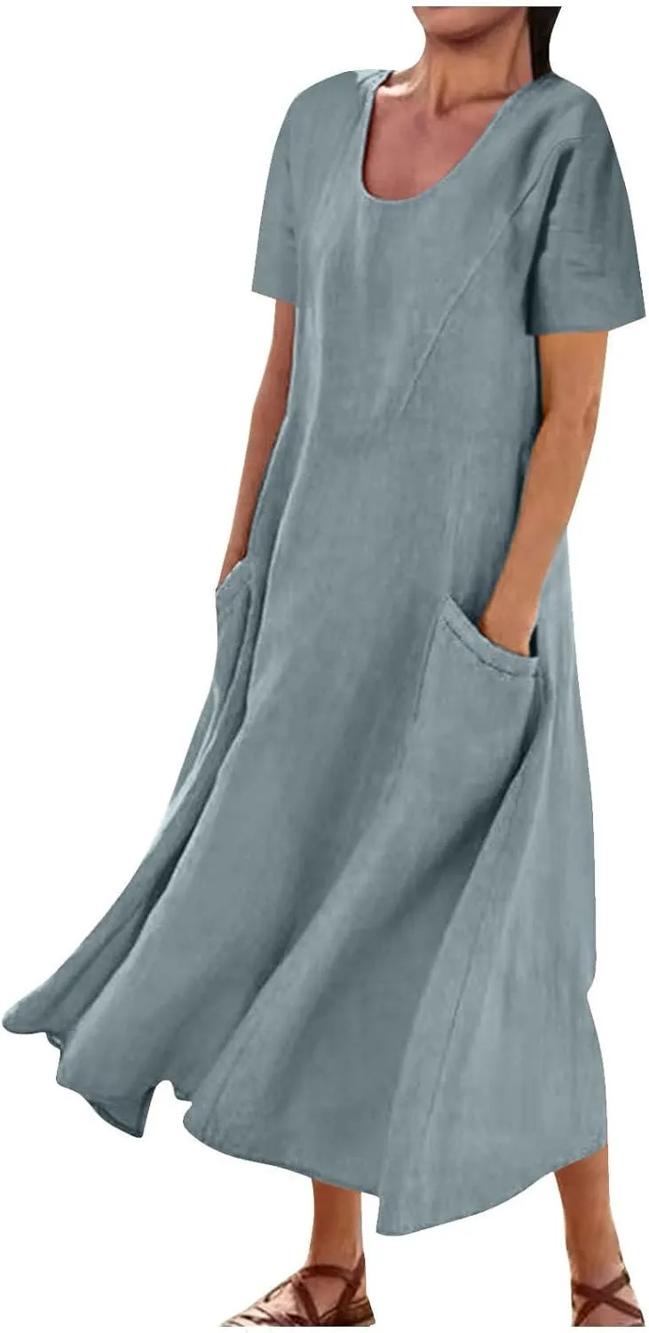 Summer Dresses for Women 2025 Vacation Trendy Short Sleeve Crew Neck Sundress Loose Flowy Beach Linen Maxi Dress
