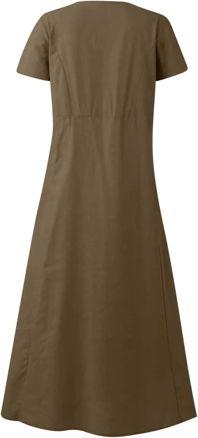 Summer Dresses for Women 2025 Vacation Trendy Short Sleeve Crew Neck Sundress Loose Flowy Beach Linen Maxi Dress