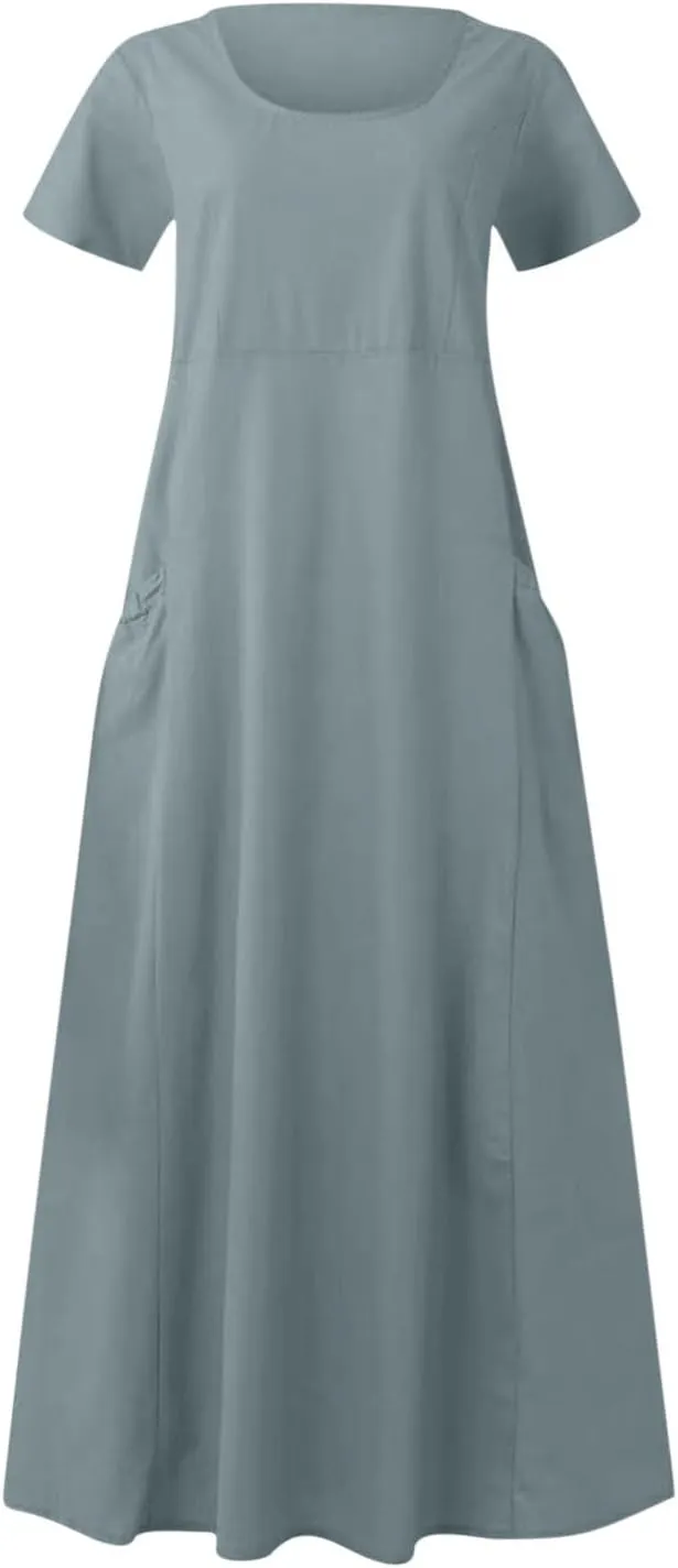 Summer Dresses for Women 2025 Vacation Trendy Short Sleeve Crew Neck Sundress Loose Flowy Beach Linen Maxi Dress