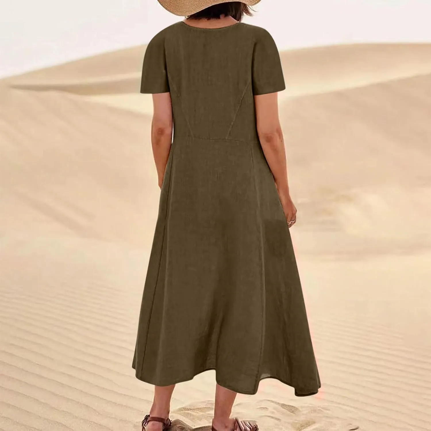 Summer Dresses for Women 2025 Vacation Trendy Short Sleeve Crew Neck Sundress Loose Flowy Beach Linen Maxi Dress