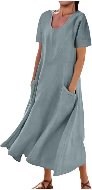 Summer Dresses for Women 2025 Vacation Trendy Short Sleeve Crew Neck Sundress Loose Flowy Beach Linen Maxi Dress
