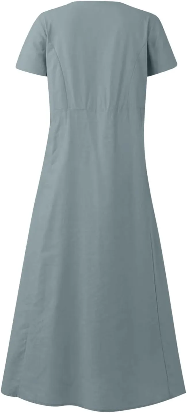 Summer Dresses for Women 2025 Vacation Trendy Short Sleeve Crew Neck Sundress Loose Flowy Beach Linen Maxi Dress