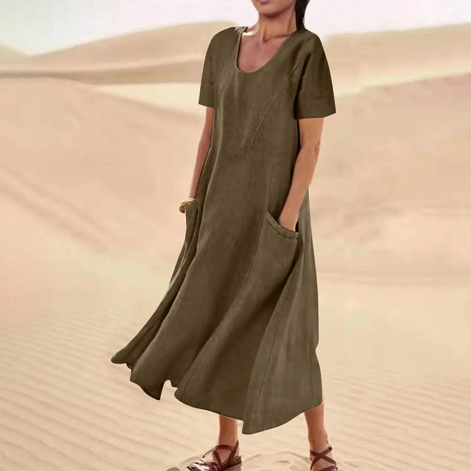 Summer Dresses for Women 2025 Vacation Trendy Short Sleeve Crew Neck Sundress Loose Flowy Beach Linen Maxi Dress