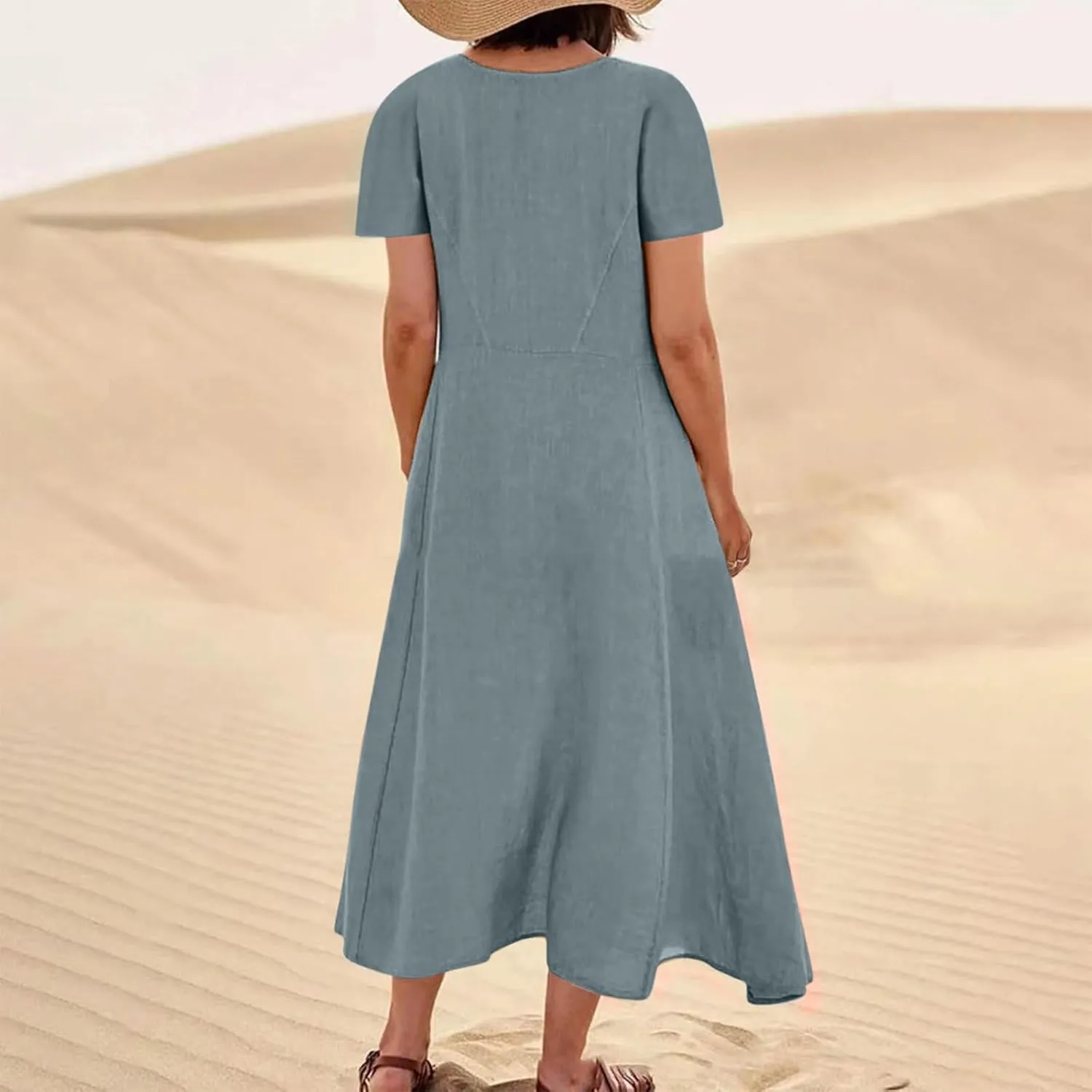 Summer Dresses for Women 2025 Vacation Trendy Short Sleeve Crew Neck Sundress Loose Flowy Beach Linen Maxi Dress