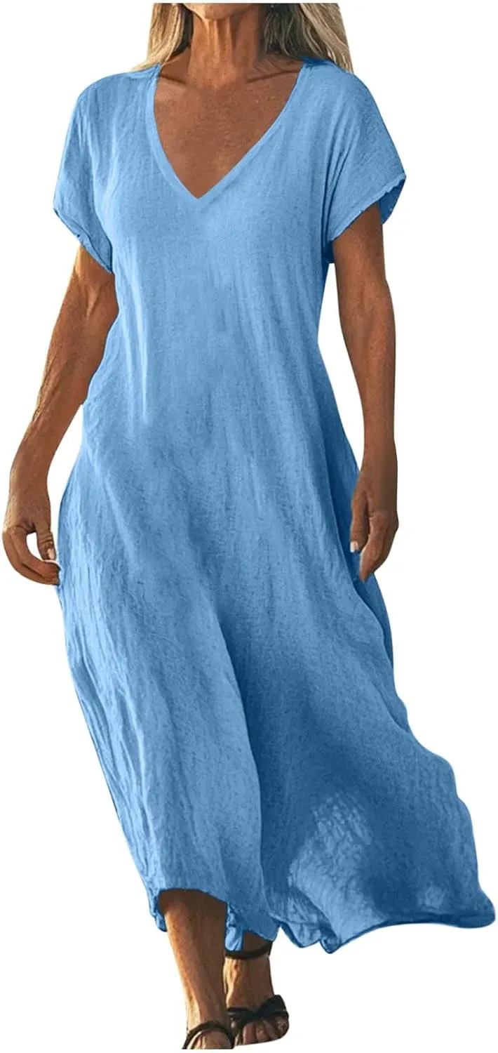 Summer Dresses for Women Casual Flowy Plus Size V-Neck Short Sleeve Long Maxi Dress Beach Vacation Clothing