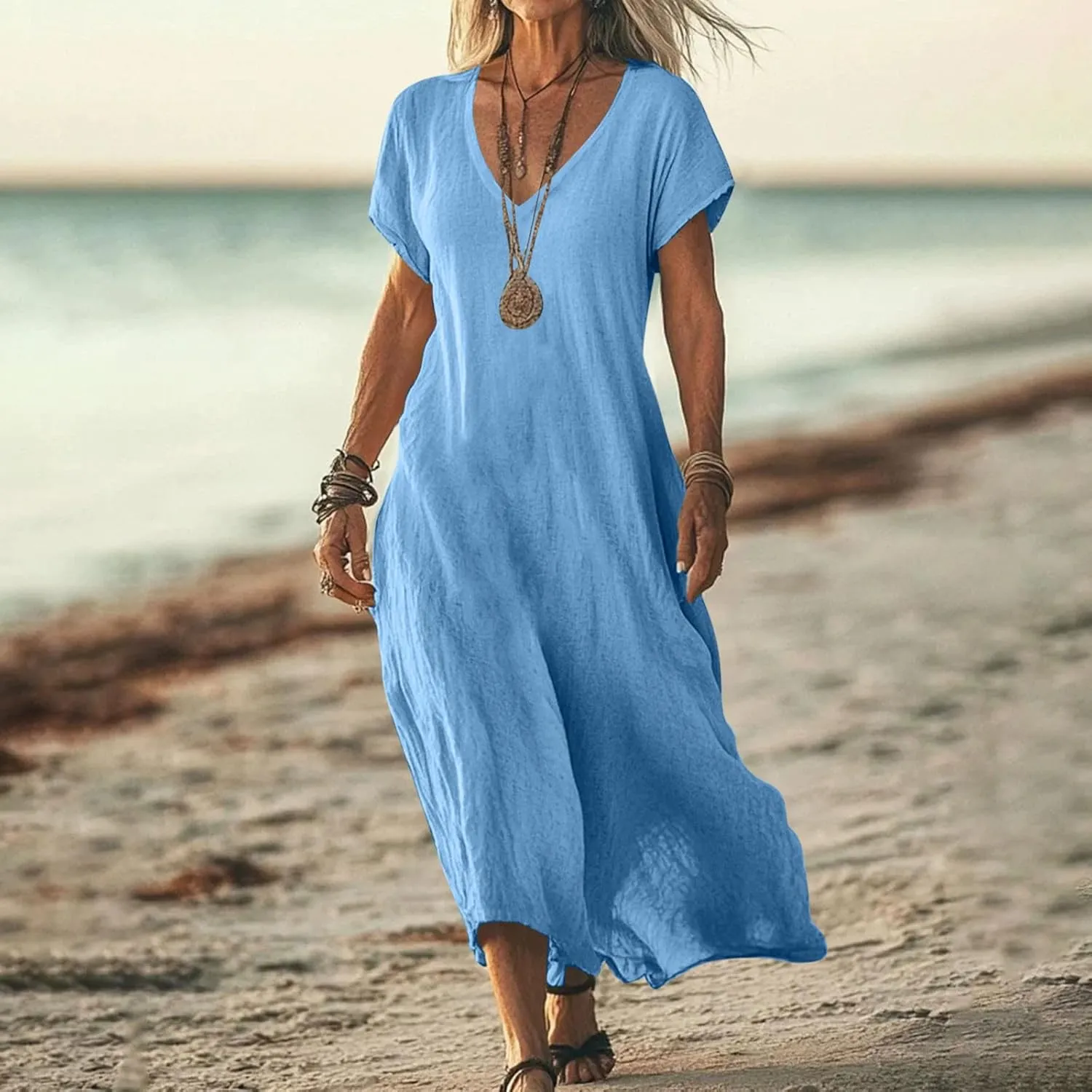 Summer Dresses for Women Casual Flowy Plus Size V-Neck Short Sleeve Long Maxi Dress Beach Vacation Clothing