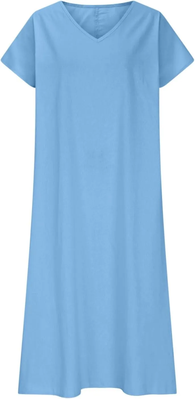 Summer Dresses for Women Casual Flowy Plus Size V-Neck Short Sleeve Long Maxi Dress Beach Vacation Clothing