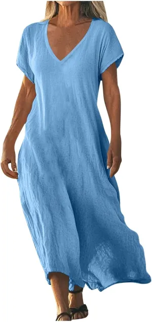 Summer Dresses for Women Casual Flowy Plus Size V-Neck Short Sleeve Long Maxi Dress Beach Vacation Clothing