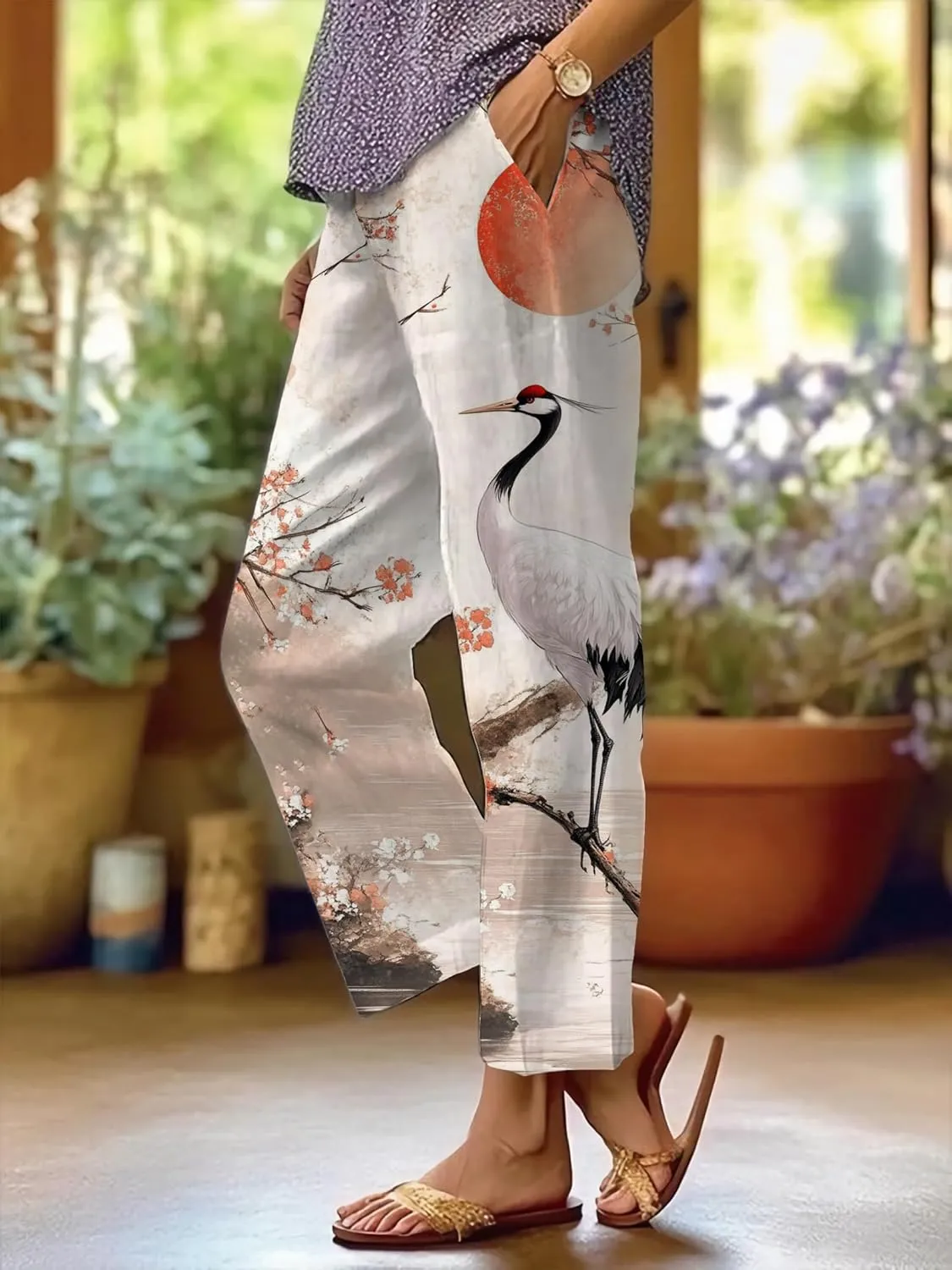 Summer Linen Pants for Women Wide Leg Boho Pants Loose Palazzo Pants Floral Pants with Drawstring and Pockets