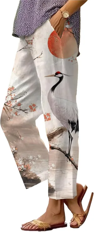 Summer Linen Pants for Women Wide Leg Boho Pants Loose Palazzo Pants Floral Pants with Drawstring and Pockets