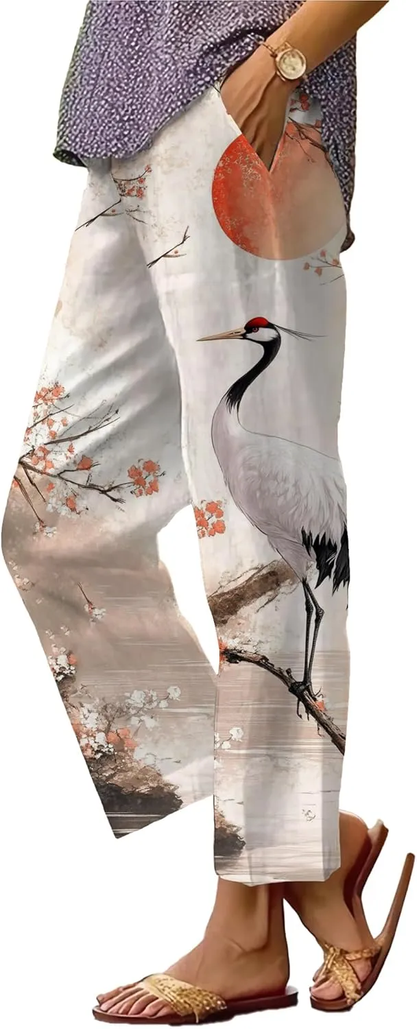 Summer Linen Pants for Women Wide Leg Boho Pants Loose Palazzo Pants Floral Pants with Drawstring and Pockets