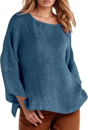 Summer Shirts for Women 2025 3/4 Length Sleeve Crew Neck Blouse Cotton Linen Shirts Casual Solid Color Basic Tops