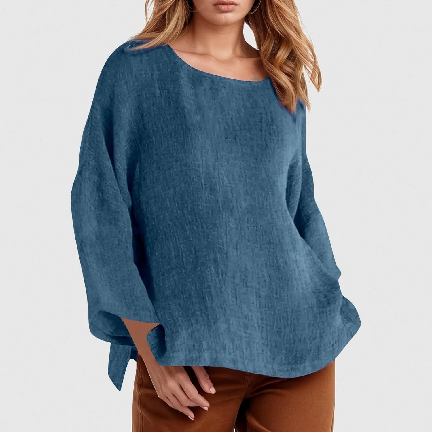 Summer Shirts for Women 2025 3/4 Length Sleeve Crew Neck Blouse Cotton Linen Shirts Casual Solid Color Basic Tops