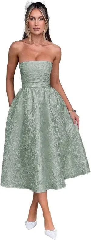 Summer Strapless Jacquard Floral Tulle Homecoming Dresses with Pocket Corset A Line Midi Cocktail Pary Dresseses