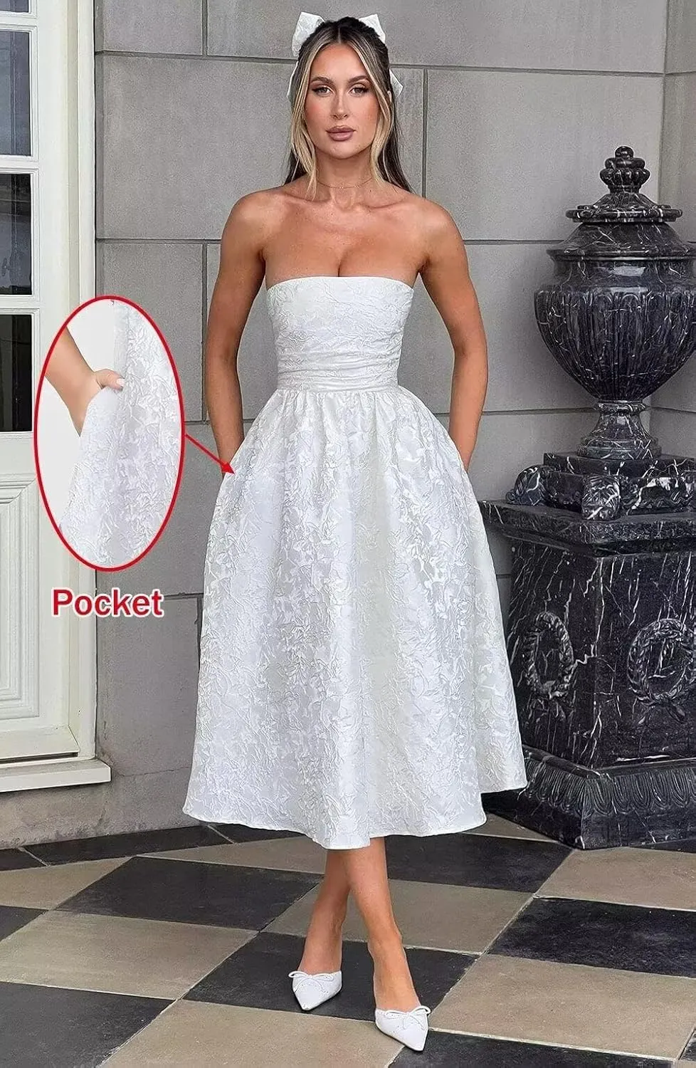 Summer Strapless Jacquard Floral Tulle Homecoming Dresses with Pocket Corset A Line Midi Cocktail Pary Dresseses