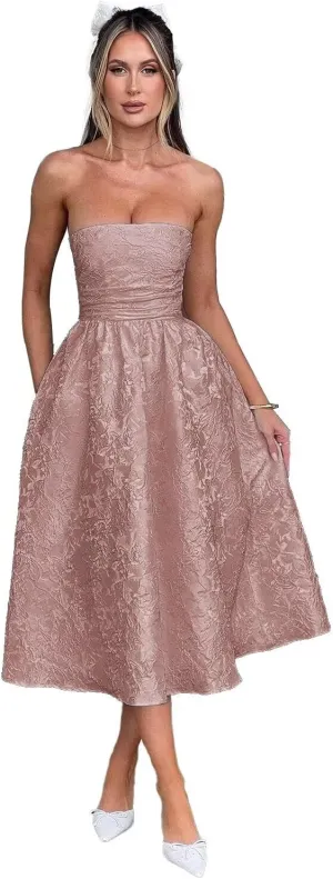 Summer Strapless Jacquard Floral Tulle Homecoming Dresses with Pocket Corset A Line Midi Cocktail Pary Dresseses