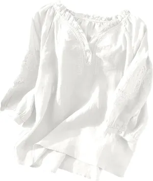 Summer Tops for Women 2025 Retro Embroidered 3/4 Sleeve Boho Tops Cotton Linen Hawaiian Shirts Cruise Outfits 2025