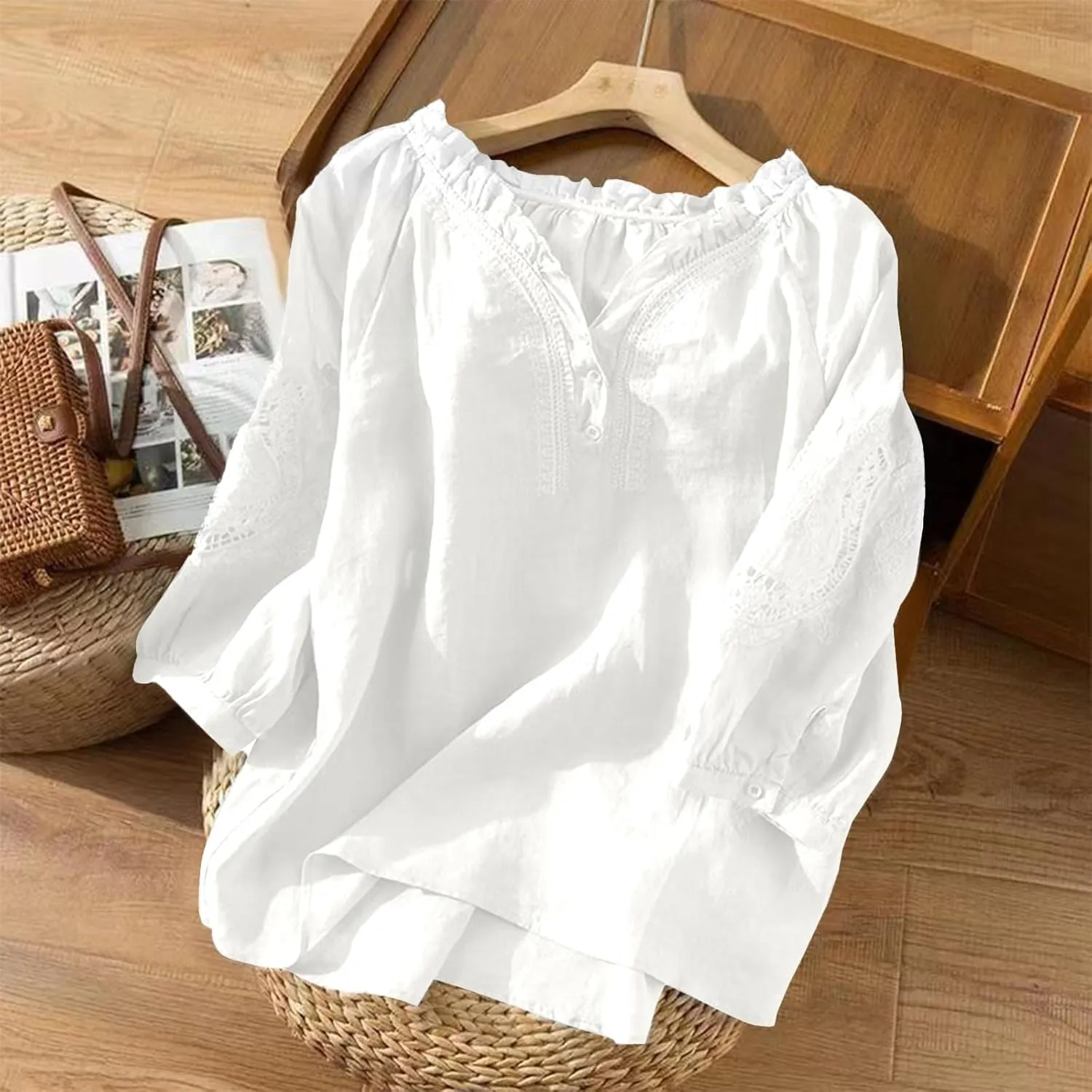 Summer Tops for Women 2025 Retro Embroidered 3/4 Sleeve Boho Tops Cotton Linen Hawaiian Shirts Cruise Outfits 2025