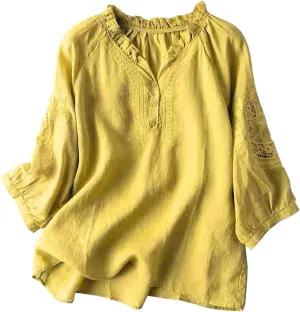 Summer Tops for Women 2025 Retro Embroidered 3/4 Sleeve Boho Tops Cotton Linen Hawaiian Shirts Cruise Outfits 2025
