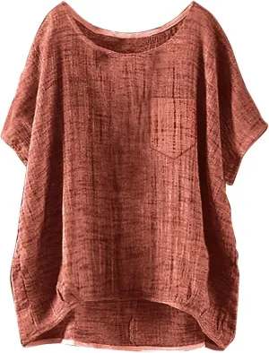 Summer Tops for Women 2025, Short Sleeve Crewneck Linen Cotton Shirts Plus Size Gauze Casual Comfy Blouses