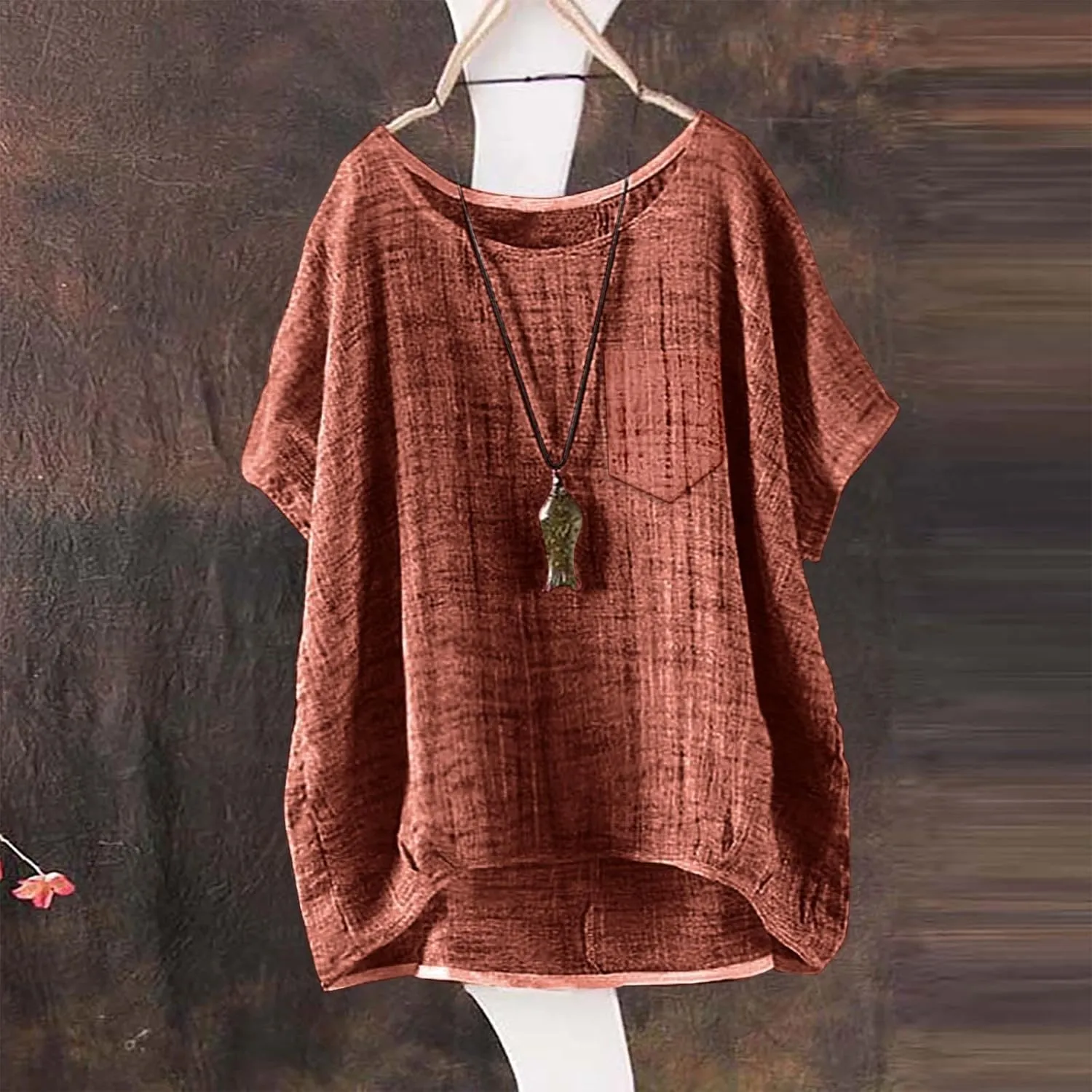 Summer Tops for Women 2025, Short Sleeve Crewneck Linen Cotton Shirts Plus Size Gauze Casual Comfy Blouses