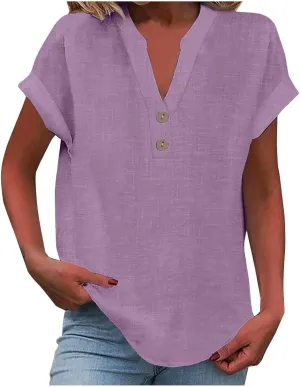 Summer Tops for Women 2025 Trendy Short Sleeve Cotton Linen Shirt Beach Casual Loose Button V Neck Tunic Blouses