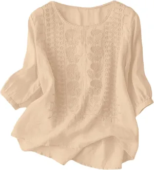 Summer Tops for Women 2025 Trendy V Neck Roll Up 3/4 Sleeve Lapel Blouse Tops Blouses Summer Plus Size Linen