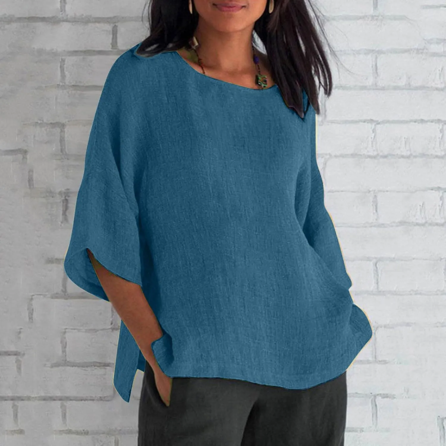 Summer Tops for Women Trendy Beach Plus Size 3/4 Sleeve Cotton Linen Shirts Blouse Crewneck Gauze Tops Casual Clothes