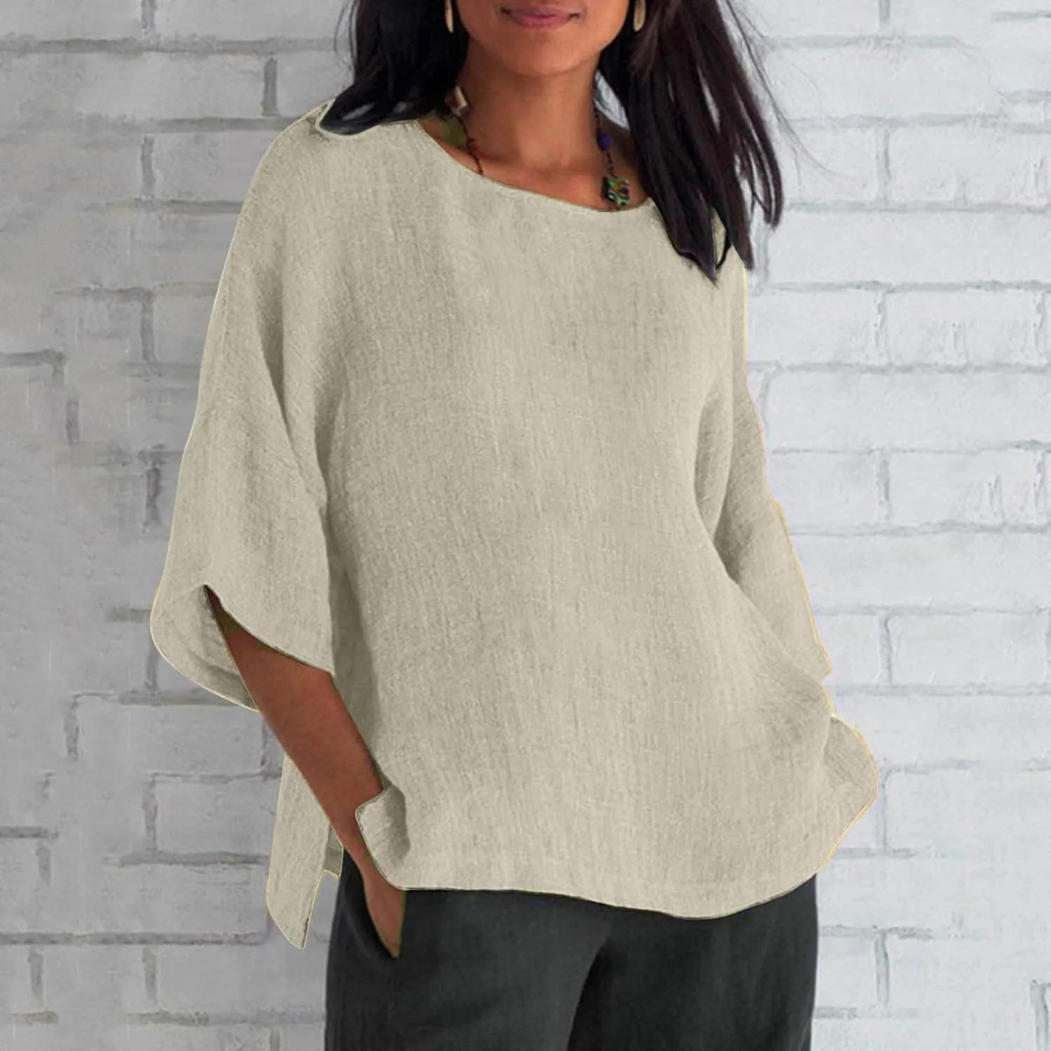 Summer Tops for Women Trendy Beach Plus Size 3/4 Sleeve Cotton Linen Shirts Blouse Crewneck Gauze Tops Casual Clothes