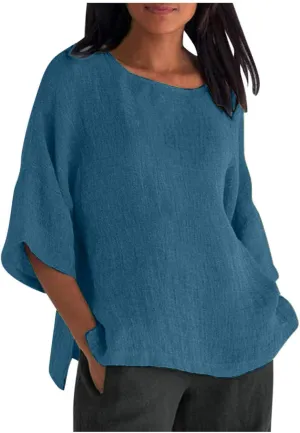 Summer Tops for Women Trendy Beach Plus Size 3/4 Sleeve Cotton Linen Shirts Blouse Crewneck Gauze Tops Casual Clothes