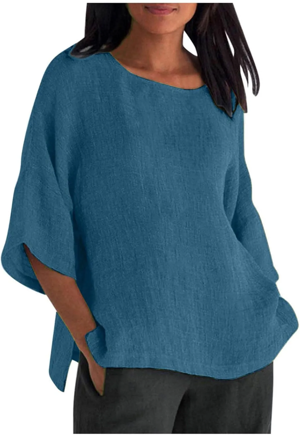 Summer Tops for Women Trendy Beach Plus Size 3/4 Sleeve Cotton Linen Shirts Blouse Crewneck Gauze Tops Casual Clothes