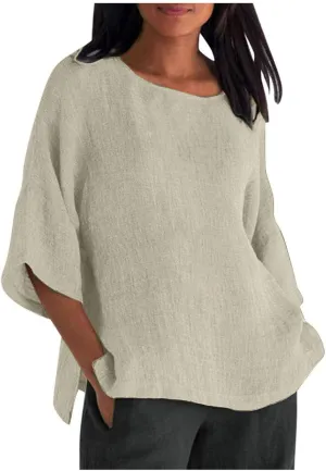 Summer Tops for Women Trendy Beach Plus Size 3/4 Sleeve Cotton Linen Shirts Blouse Crewneck Gauze Tops Casual Clothes