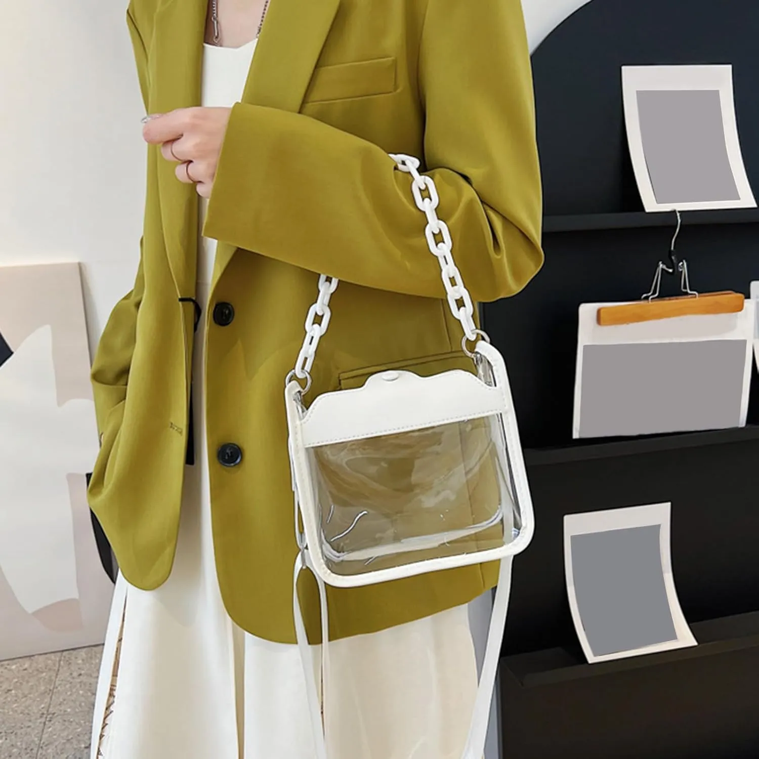 Summer Women Clear Transparent Crossbody Bag Female PVC Handbags and Purses Acrylic Chain Square Shoulder Bag, Black
