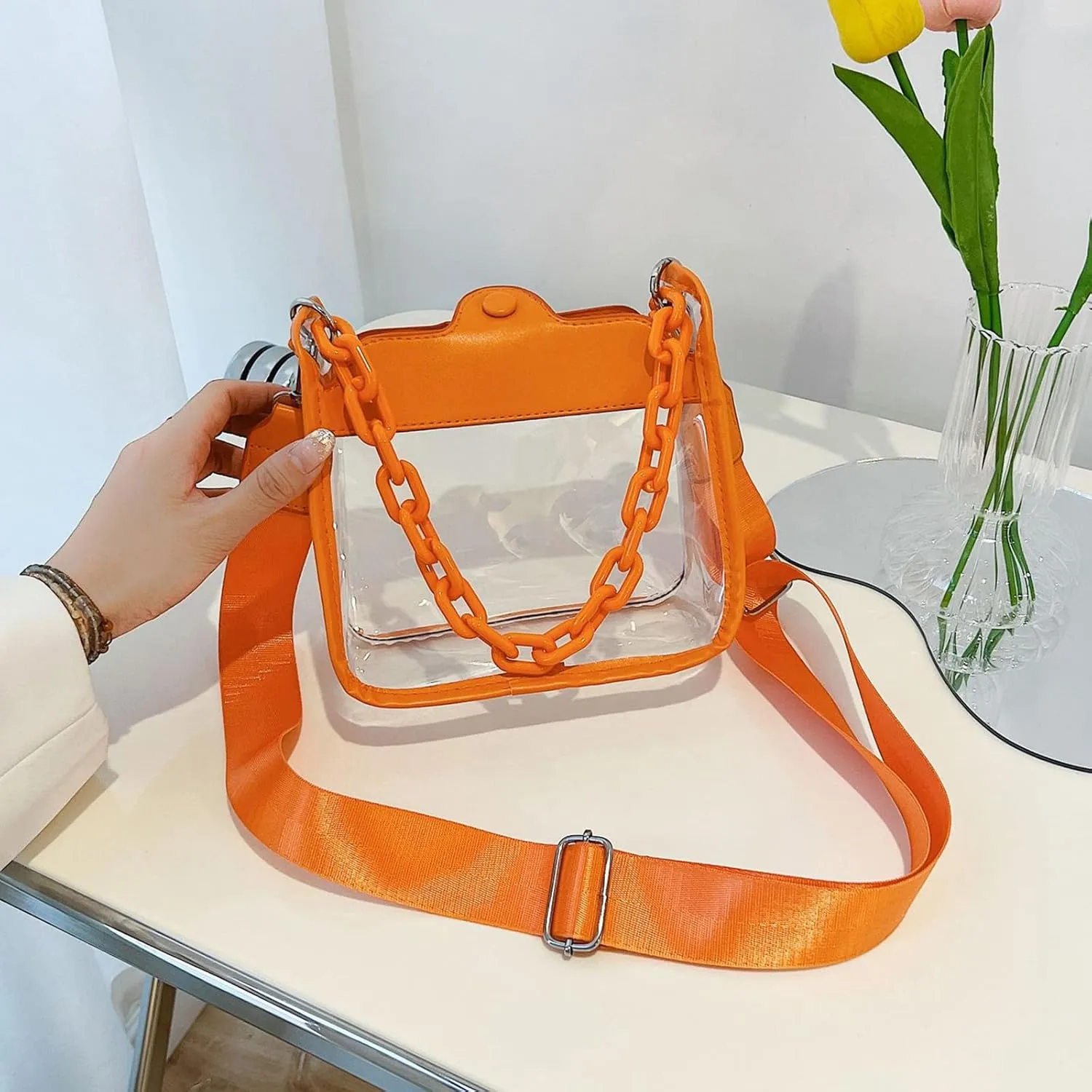 Summer Women Clear Transparent Crossbody Bag Female PVC Handbags and Purses Acrylic Chain Square Shoulder Bag, Black