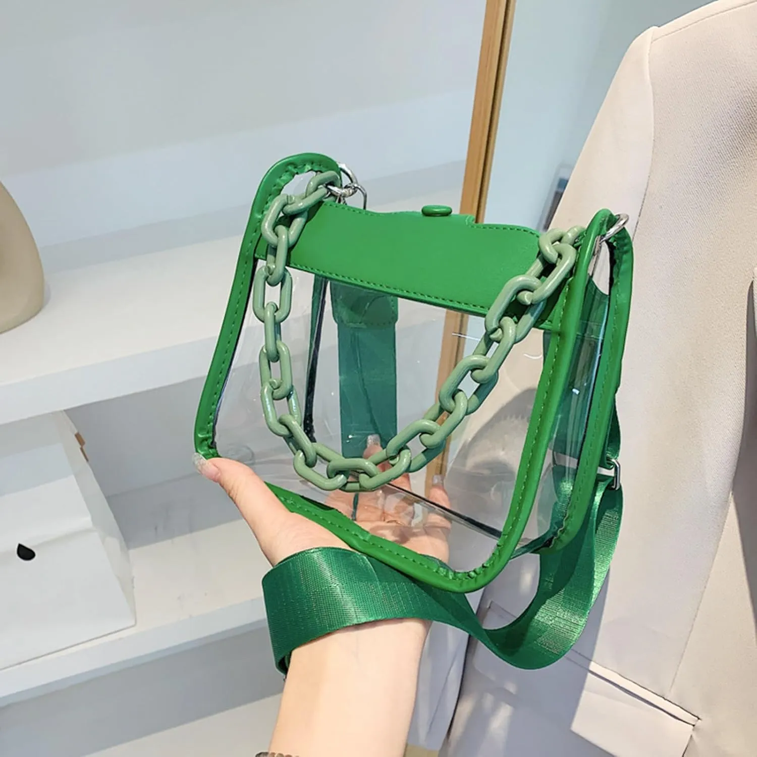 Summer Women Clear Transparent Crossbody Bag Female PVC Handbags and Purses Acrylic Chain Square Shoulder Bag, Black