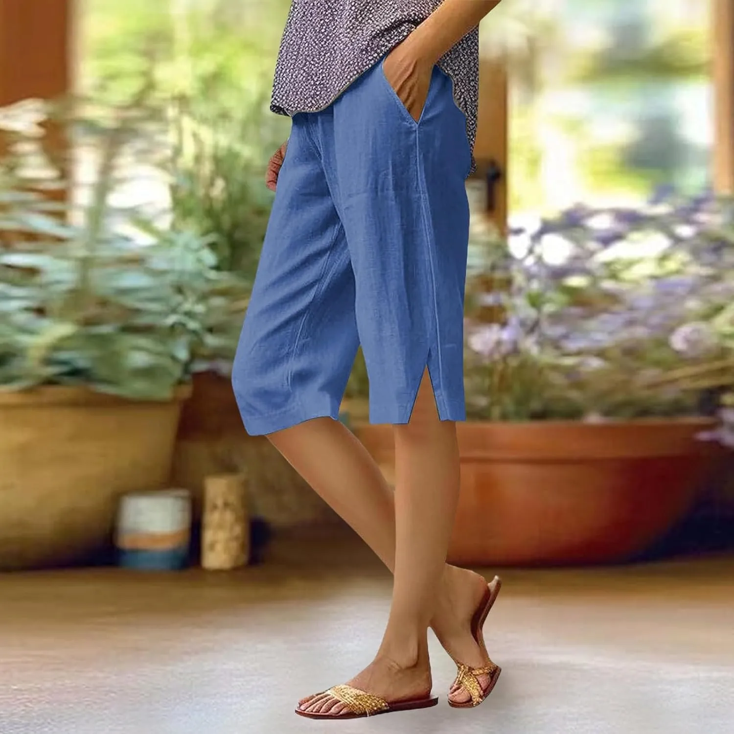 Summer Women Linen Shorts 2025 | Knee Length Drawstring Short Pants with Split Side Bottomline Beach Comfy Shorts