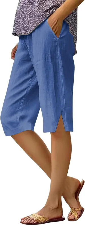 Summer Women Linen Shorts 2025 | Knee Length Drawstring Short Pants with Split Side Bottomline Beach Comfy Shorts