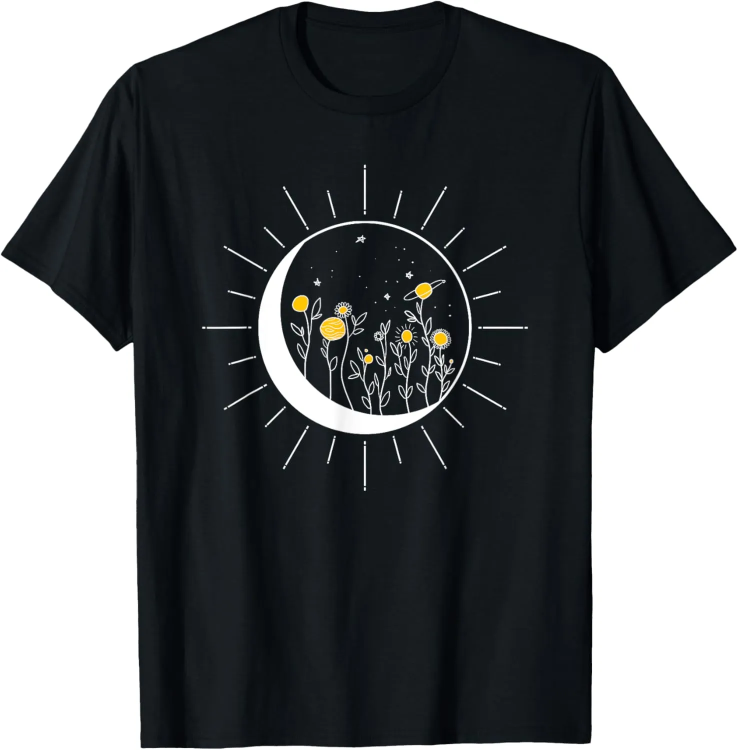Sun Moon Solar Eclipse Flower Planets Funny Space Art Gift T-Shirt