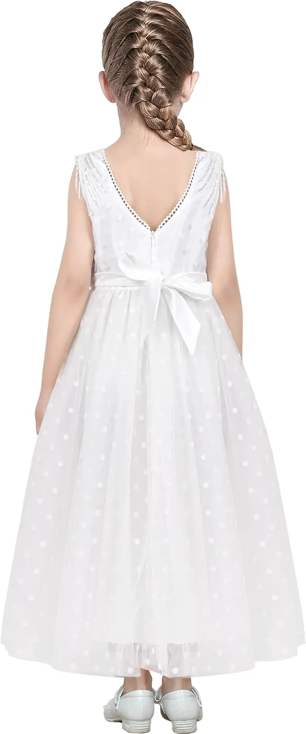 Sunny Fashion Flower Girls Dress Off White V-Back Wedding Bridesmaid Party Formal Lace