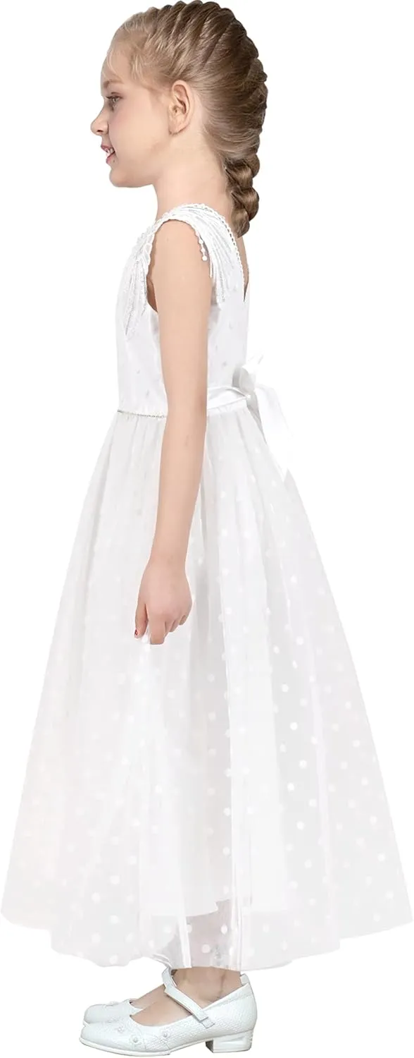 Sunny Fashion Flower Girls Dress Off White V-Back Wedding Bridesmaid Party Formal Lace
