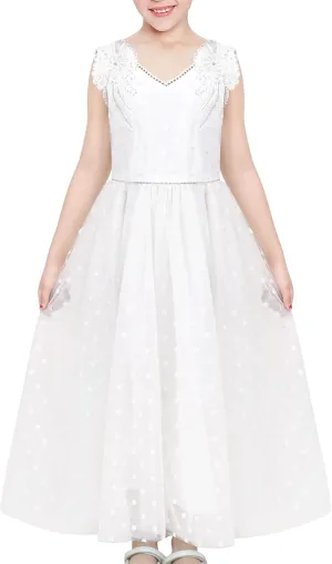 Sunny Fashion Flower Girls Dress Off White V-Back Wedding Bridesmaid Party Formal Lace
