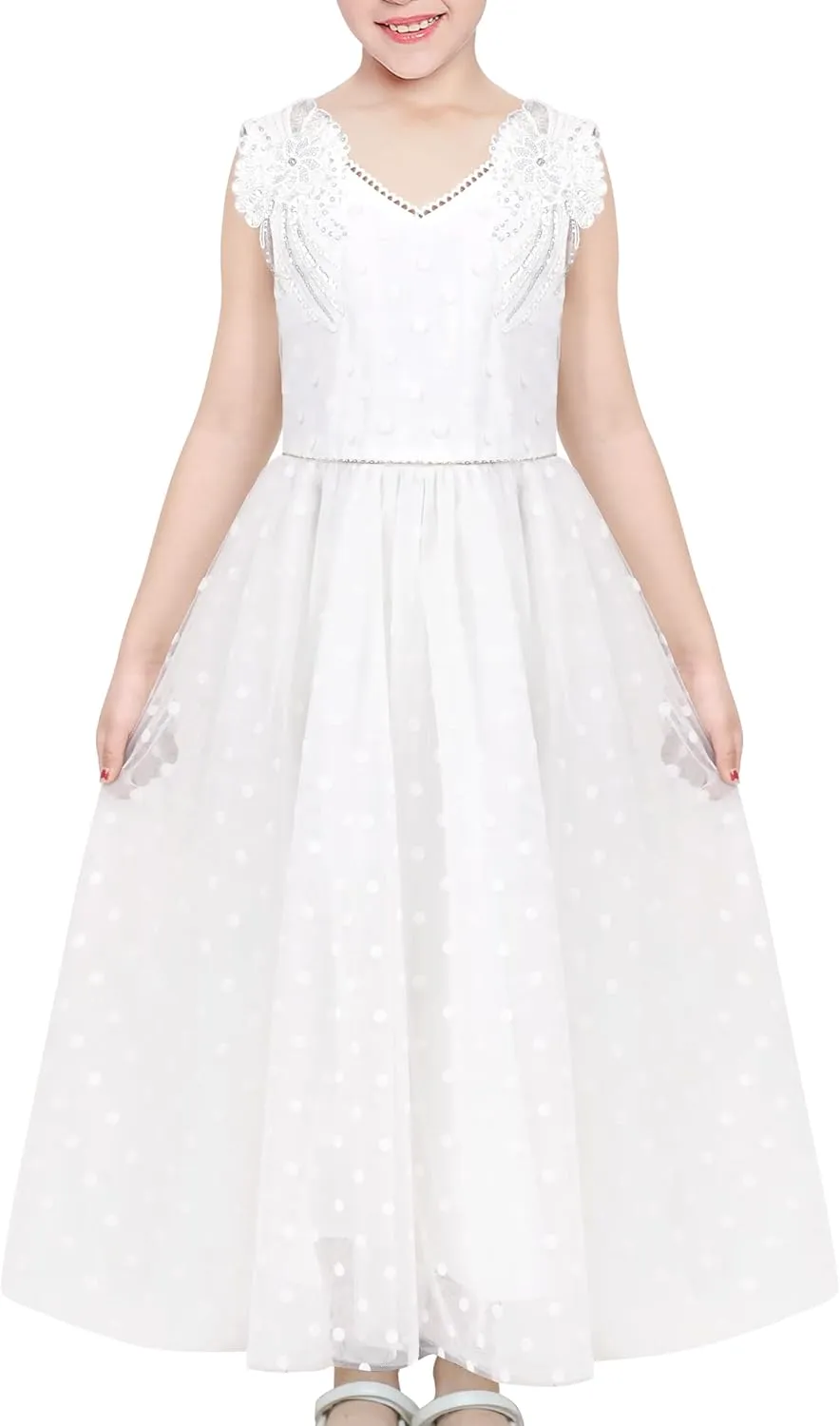 Sunny Fashion Flower Girls Dress Off White V-Back Wedding Bridesmaid Party Formal Lace