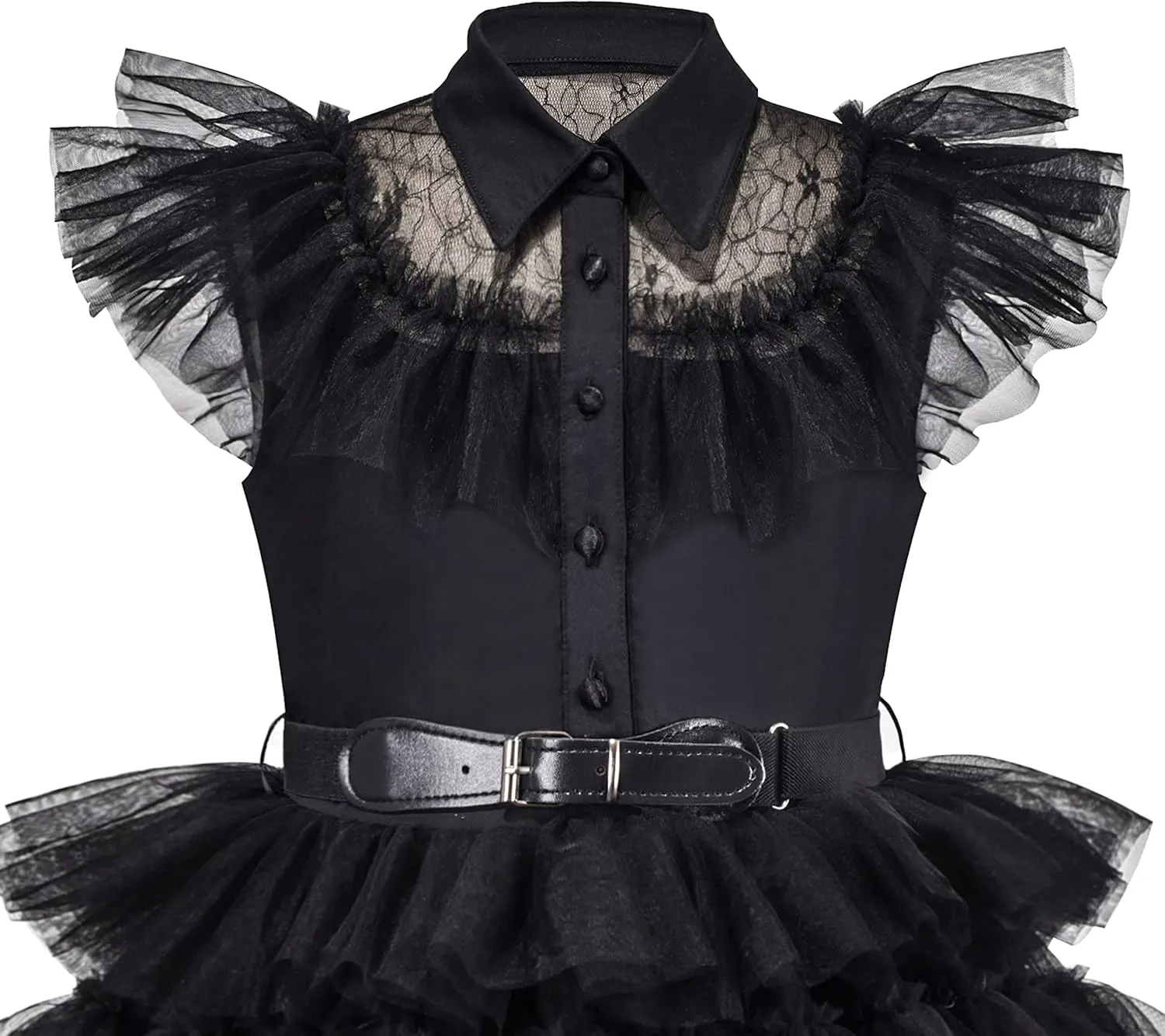 Sunny Fashion Girls Dress Black Lace Cake Multilayered Leather Belt Tutu Tulle