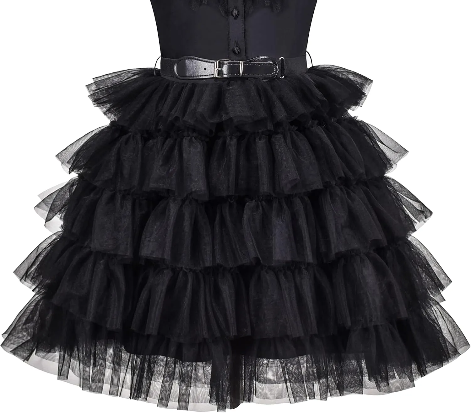 Sunny Fashion Girls Dress Black Lace Cake Multilayered Leather Belt Tutu Tulle