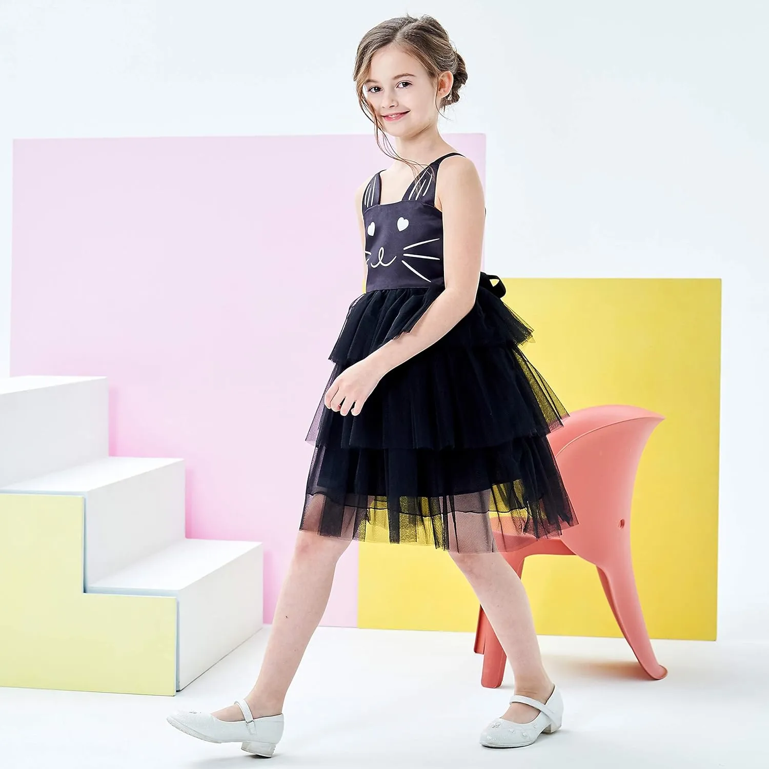 Sunny Fashion Girls Dress Cat Face Black Tower Ruffle Dancing Party Size 4-10