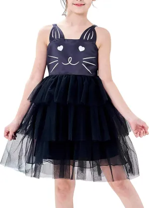Sunny Fashion Girls Dress Cat Face Black Tower Ruffle Dancing Party Size 4-10