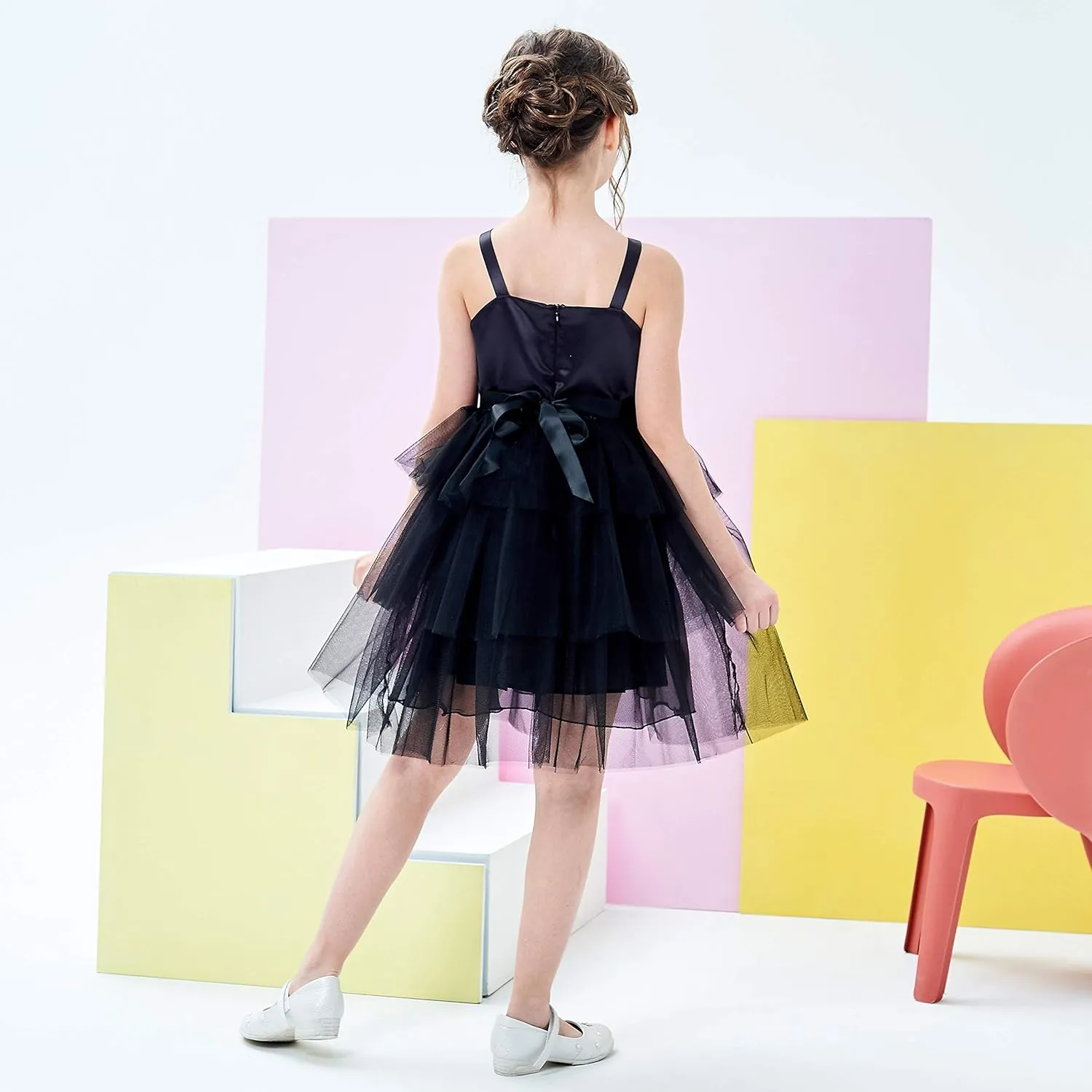Sunny Fashion Girls Dress Cat Face Black Tower Ruffle Dancing Party Size 4-10