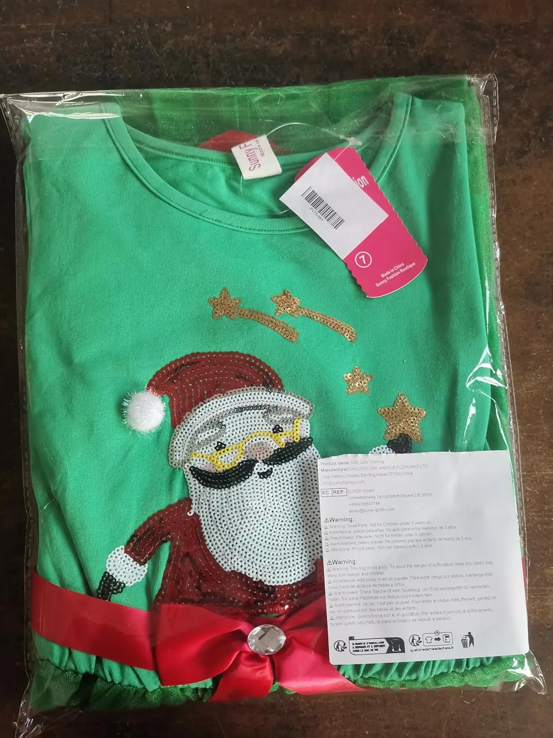 Sunny Fashion Girls Dress Christmas Santa Hat Long Sleeve Party Dress Size 6-12