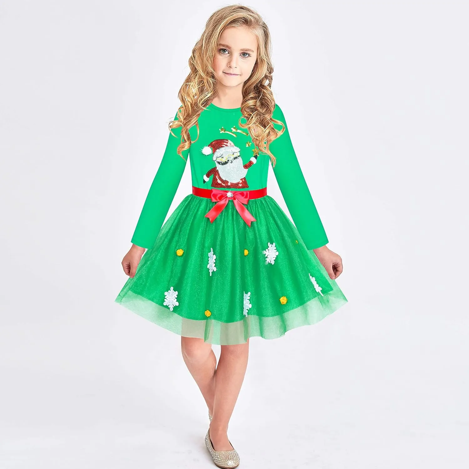 Sunny Fashion Girls Dress Christmas Santa Hat Long Sleeve Party Dress Size 6-12