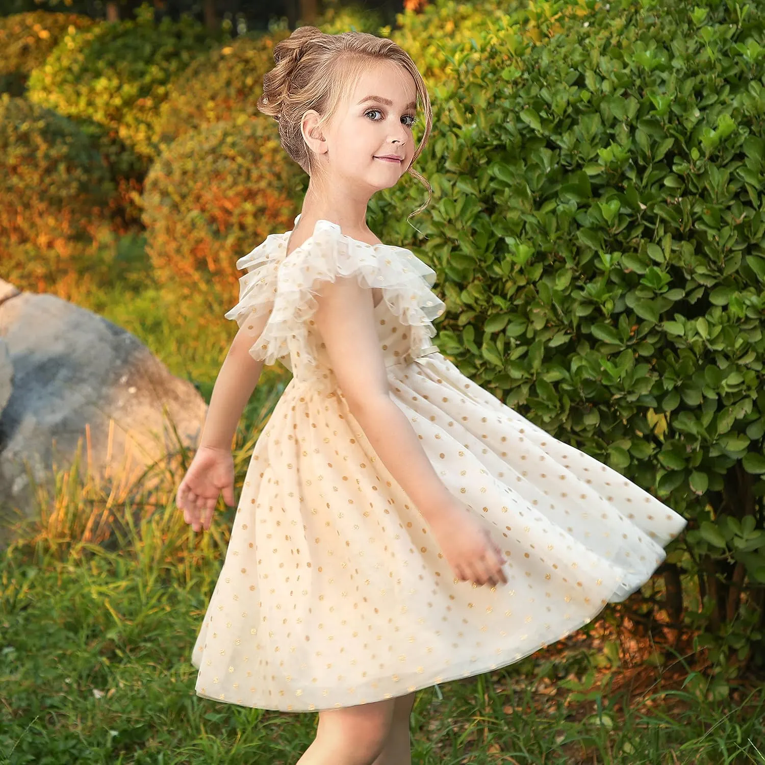 Sunny Fashion Girls Dress Floral Ruffle Tulle Skirt Flutter Flare Sleeve